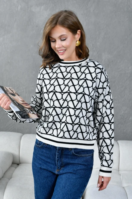 Kadın Bisiklet Yaka Desenli Oversize Triko Kazak