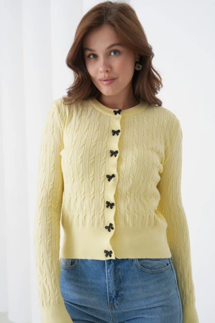 Kadın Bisiklet Yaka Düğme Detay Saç Örgü Yumuşak Dokulu Triko Hırka 