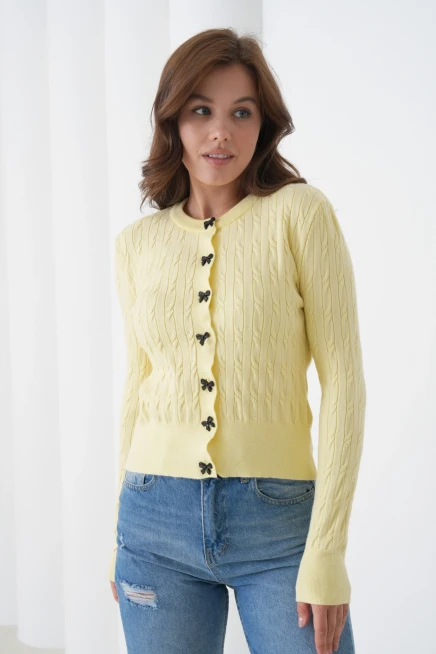 Kadın Bisiklet Yaka Düğme Detay Saç Örgü Yumuşak Dokulu Triko Hırka 