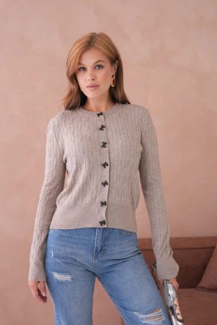 Kadın Bisiklet Yaka Düğme Detay Saç Örgü Yumuşak Dokulu Triko Hırka 