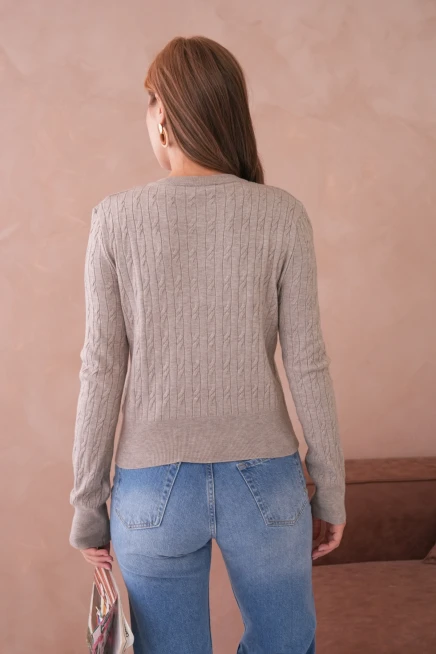 Kadın Bisiklet Yaka Düğme Detay Saç Örgü Yumuşak Dokulu Triko Hırka 