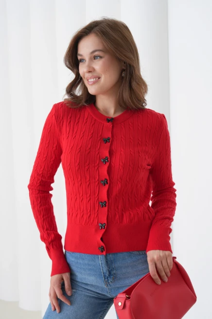 Kadın Bisiklet Yaka Düğme Detay Saç Örgü Yumuşak Dokulu Triko Hırka 