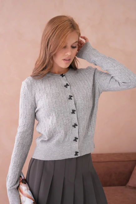 Kadın Bisiklet Yaka Düğme Detay Saç Örgü Yumuşak Dokulu Triko Hırka 