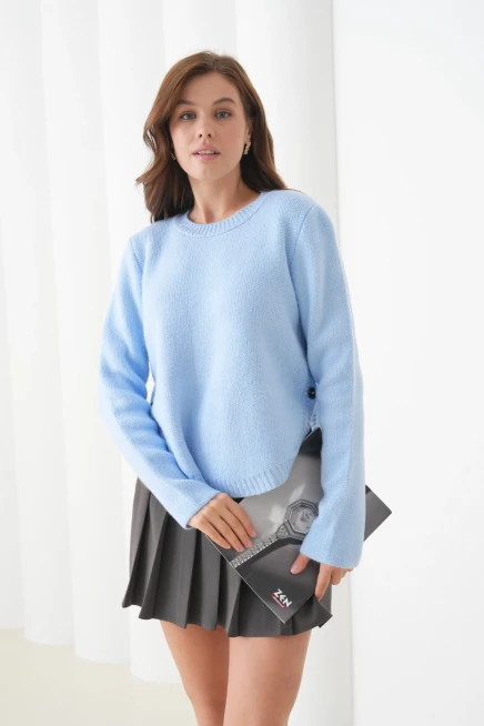 Kadın Bisiklet Yaka Düğme Detay Yırtmaçlı Triko Kazak