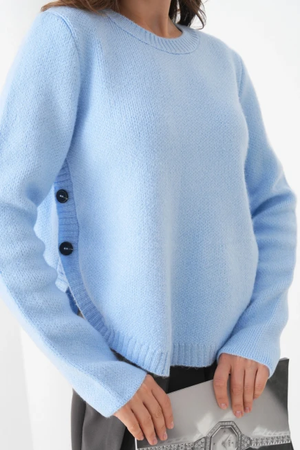 Kadın Bisiklet Yaka Düğme Detay Yırtmaçlı Triko Kazak