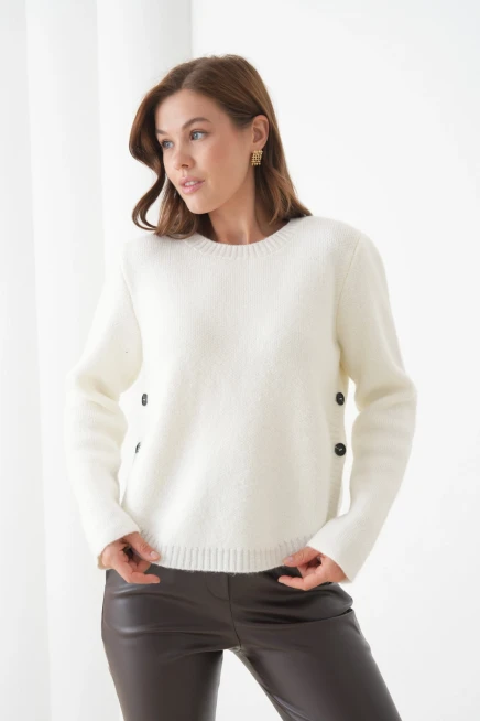 Kadın Bisiklet Yaka Düğme Detay Yırtmaçlı Triko Kazak