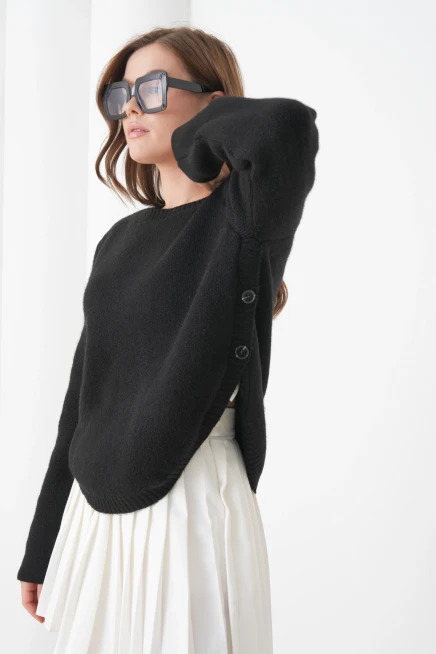 Kadın Bisiklet Yaka Düğme Detay Yırtmaçlı Triko Kazak