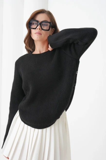 Kadın Bisiklet Yaka Düğme Detay Yırtmaçlı Triko Kazak