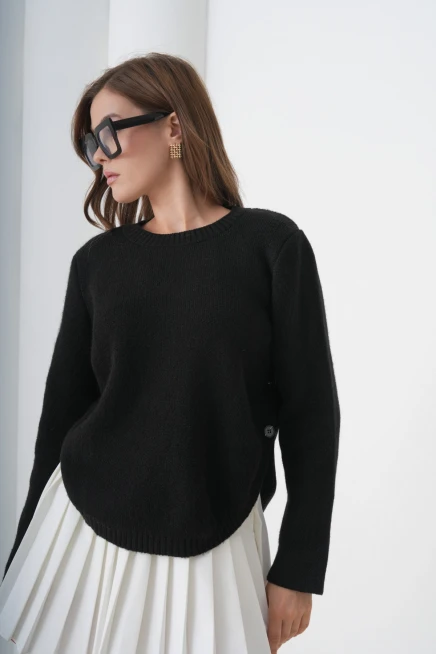 Kadın Bisiklet Yaka Düğme Detay Yırtmaçlı Triko Kazak