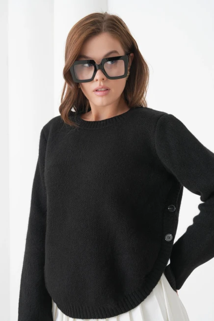 Kadın Bisiklet Yaka Düğme Detay Yırtmaçlı Triko Kazak