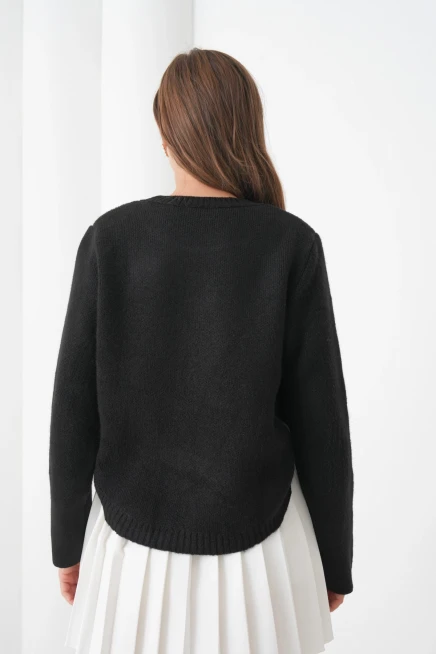 Kadın Bisiklet Yaka Düğme Detay Yırtmaçlı Triko Kazak