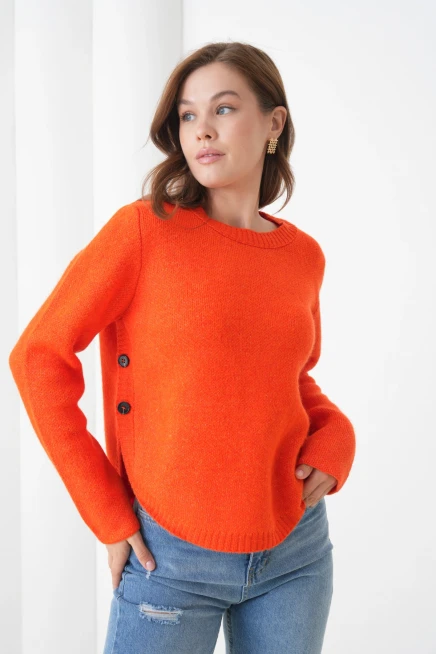 Kadın Bisiklet Yaka Düğme Detay Yırtmaçlı Triko Kazak