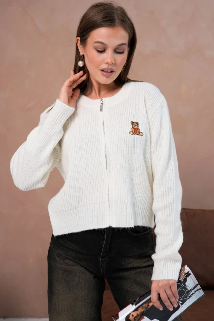 Kadın Bisiklet Yaka Fermuar Kapama Nakışlı Kaşkorse Triko Hırka