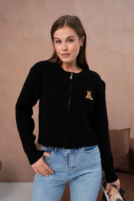 Kadın Bisiklet Yaka Fermuar Kapama Nakışlı Kaşkorse Triko Hırka