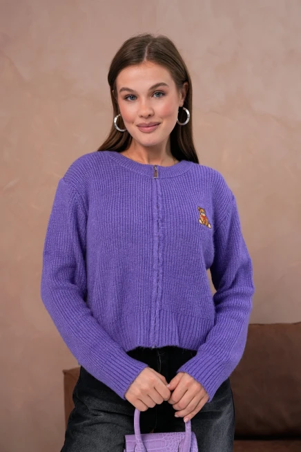 Kadın Bisiklet Yaka Fermuar Kapama Nakışlı Kaşkorse Triko Hırka