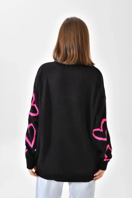 Kadın Bisiklet Yaka Kalp Desenli Salaş Triko Kazak