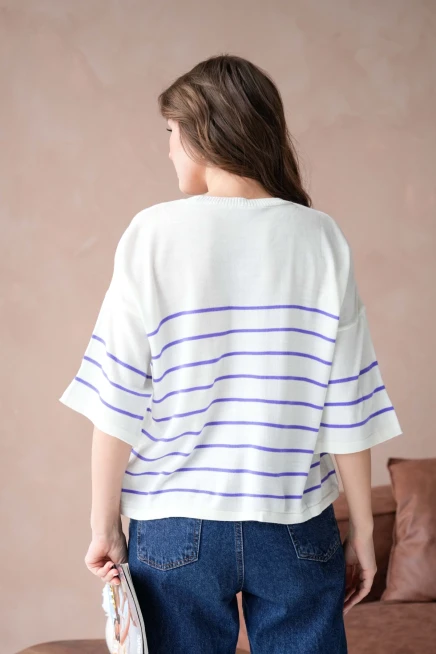 Kadın Bisiklet Yaka Nakış Detay Çizgili Triko Kazak