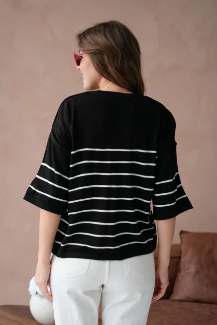 Kadın Bisiklet Yaka Nakış Detay Çizgili Triko Kazak