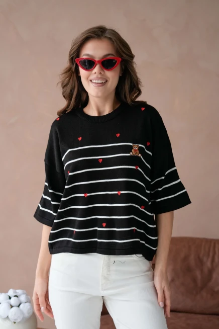 Kadın Bisiklet Yaka Nakış Detay Çizgili Triko Kazak