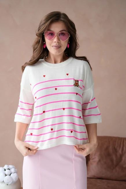 Kadın Bisiklet Yaka Nakış Detay Çizgili Triko Kazak