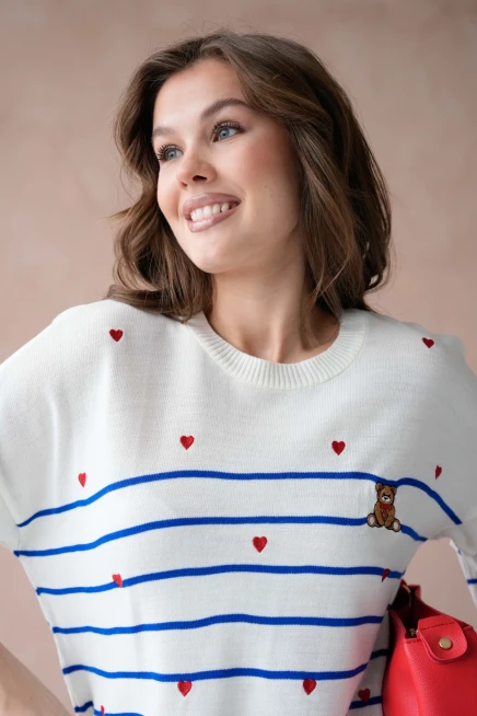 Kadın Bisiklet Yaka Nakış Detay Çizgili Triko Kazak