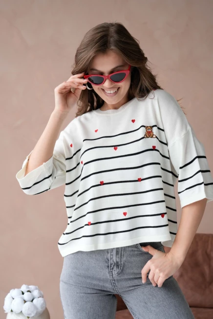 Kadın Bisiklet Yaka Nakış Detay Çizgili Triko Kazak