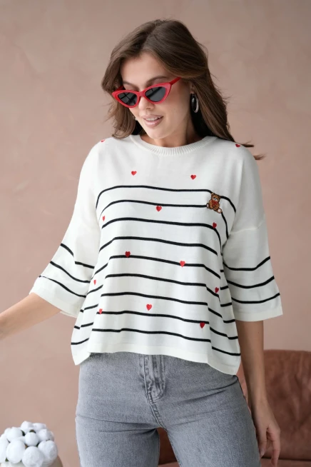 Kadın Bisiklet Yaka Nakış Detay Çizgili Triko Kazak