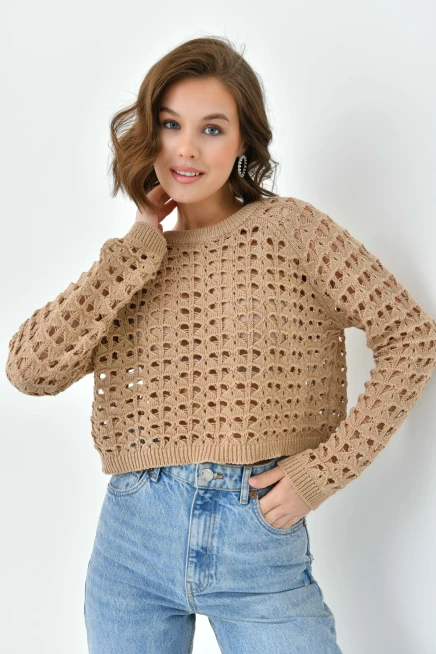 Kadın Bisiklet Yaka Örgü Detay Crop Triko Kazak