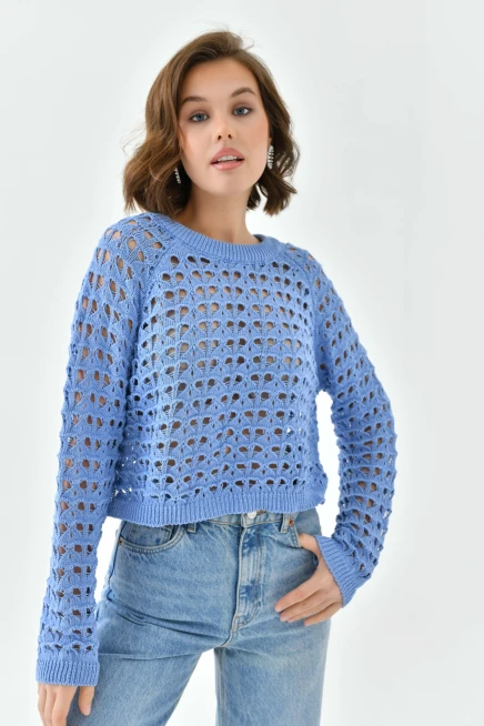 Kadın Bisiklet Yaka Örgü Detay Crop Triko Kazak