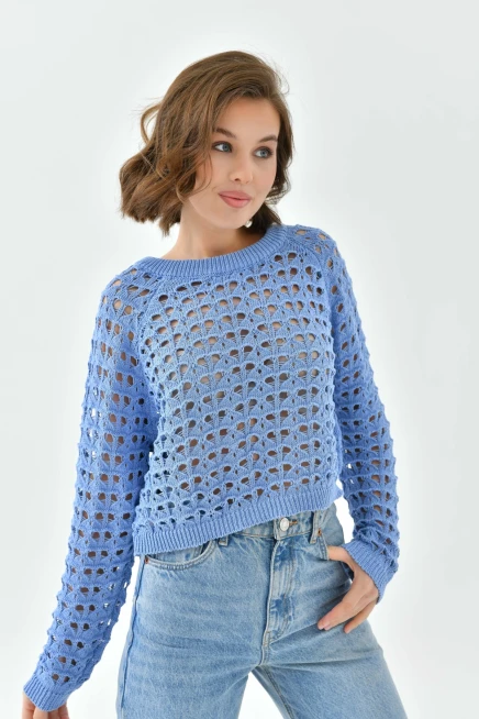 Kadın Bisiklet Yaka Örgü Detay Crop Triko Kazak