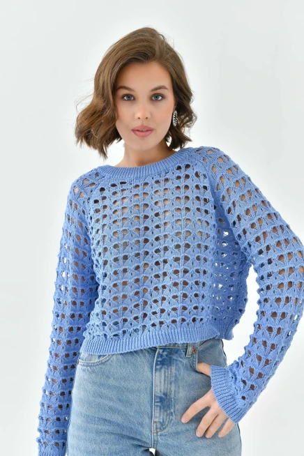 Kadın Bisiklet Yaka Örgü Detay Crop Triko Kazak