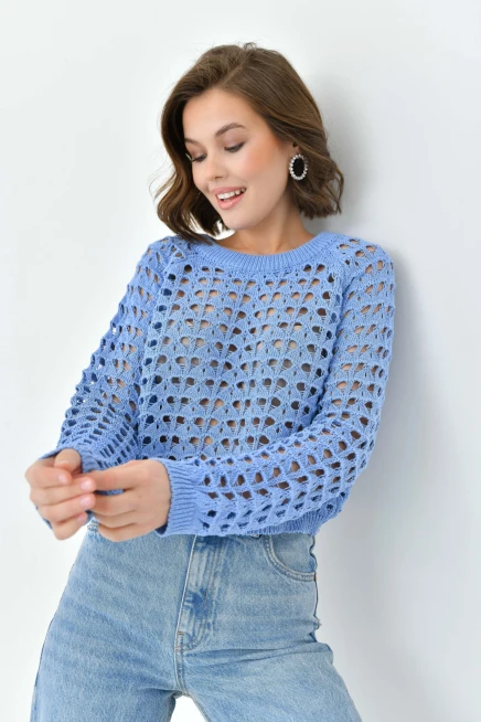 Kadın Bisiklet Yaka Örgü Detay Crop Triko Kazak