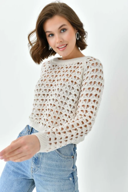 Kadın Bisiklet Yaka Örgü Detay Crop Triko Kazak