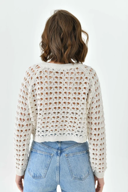 Kadın Bisiklet Yaka Örgü Detay Crop Triko Kazak