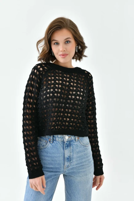 Kadın Bisiklet Yaka Örgü Detay Crop Triko Kazak