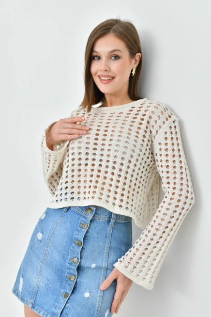 Kadın Bisiklet Yaka Örgü Detay Crop Triko Kazak