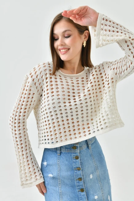 Kadın Bisiklet Yaka Örgü Detay Crop Triko Kazak