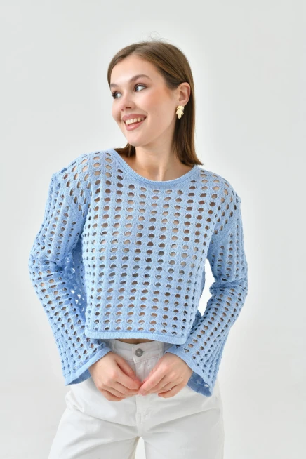 Kadın Bisiklet Yaka Örgü Detay Crop Triko Kazak