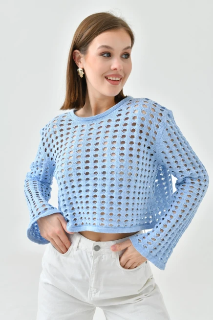 Kadın Bisiklet Yaka Örgü Detay Crop Triko Kazak