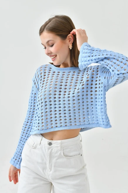 Kadın Bisiklet Yaka Örgü Detay Crop Triko Kazak