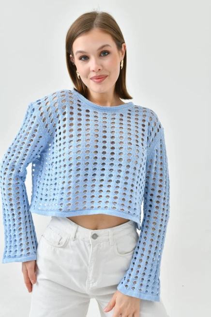 Kadın Bisiklet Yaka Örgü Detay Crop Triko Kazak