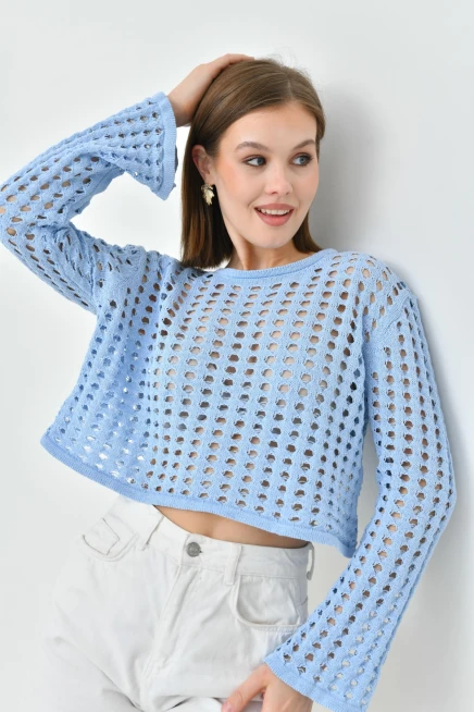 Kadın Bisiklet Yaka Örgü Detay Crop Triko Kazak