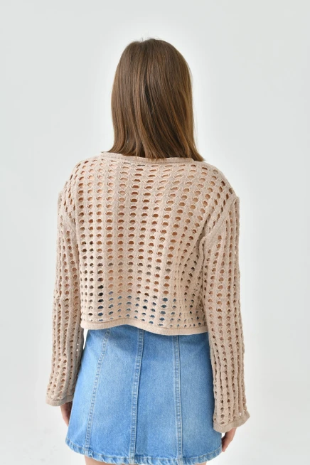 Kadın Bisiklet Yaka Örgü Detay Crop Triko Kazak