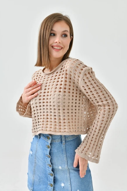 Kadın Bisiklet Yaka Örgü Detay Crop Triko Kazak