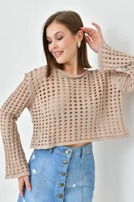 Kadın Bisiklet Yaka Örgü Detay Crop Triko Kazak