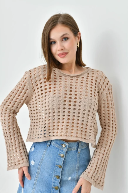 Kadın Bisiklet Yaka Örgü Detay Crop Triko Kazak