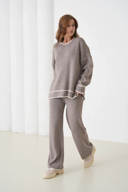 Kadın Bisiklet Yaka Oversize Kazak Pantolon Triko Alt-Üst Takım