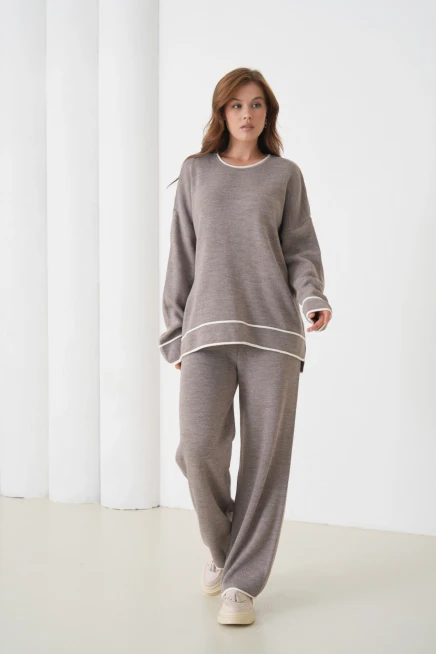 Kadın Bisiklet Yaka Oversize Kazak Pantolon Triko Alt-Üst Takım