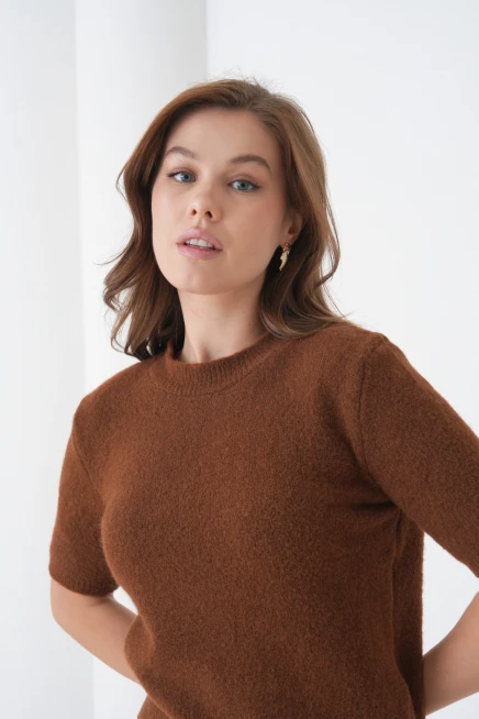 Kadın Bisiklet Yaka Şardonlu Kısa Kol Triko Kazak