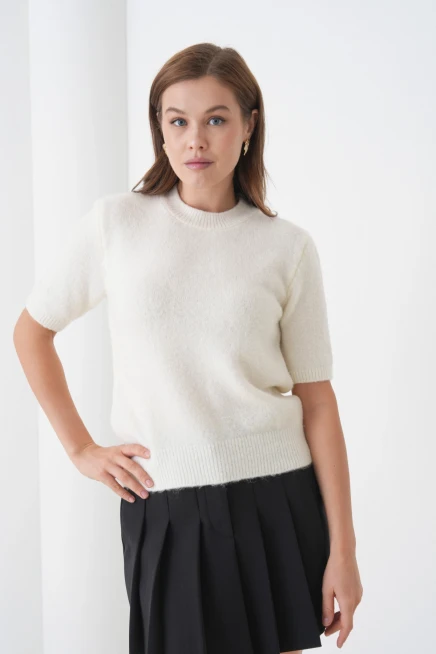 Kadın Bisiklet Yaka Şardonlu Kısa Kol Triko Kazak